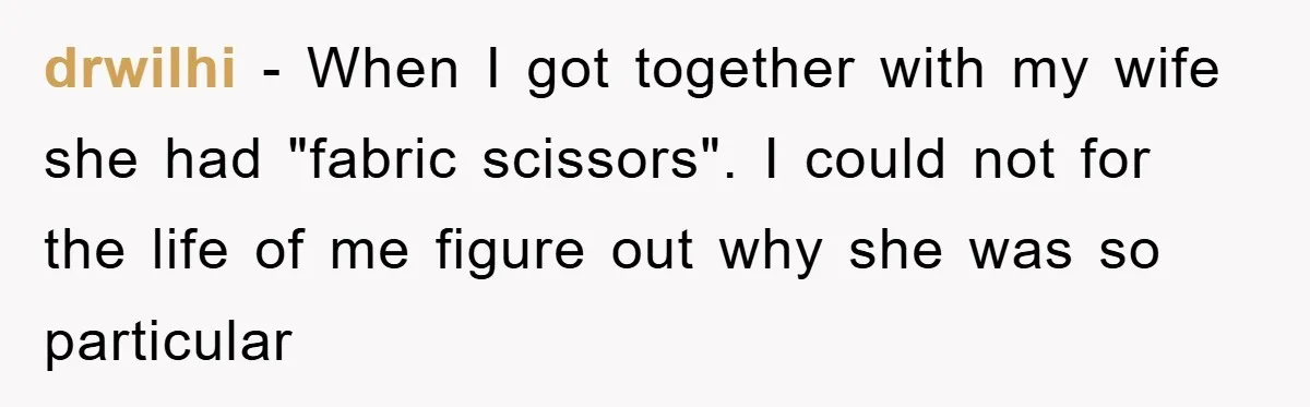 drwilhi − When I got together with my wife she had "fabric scissors". I could not for the life of me figure out why she was so particular