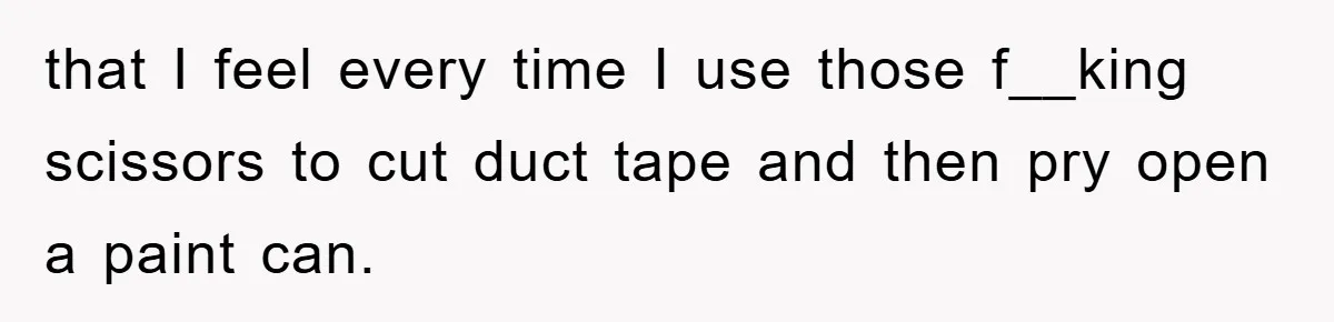 that I feel every time I use those f__king scissors to cut duct tape and then pry open a paint can.
