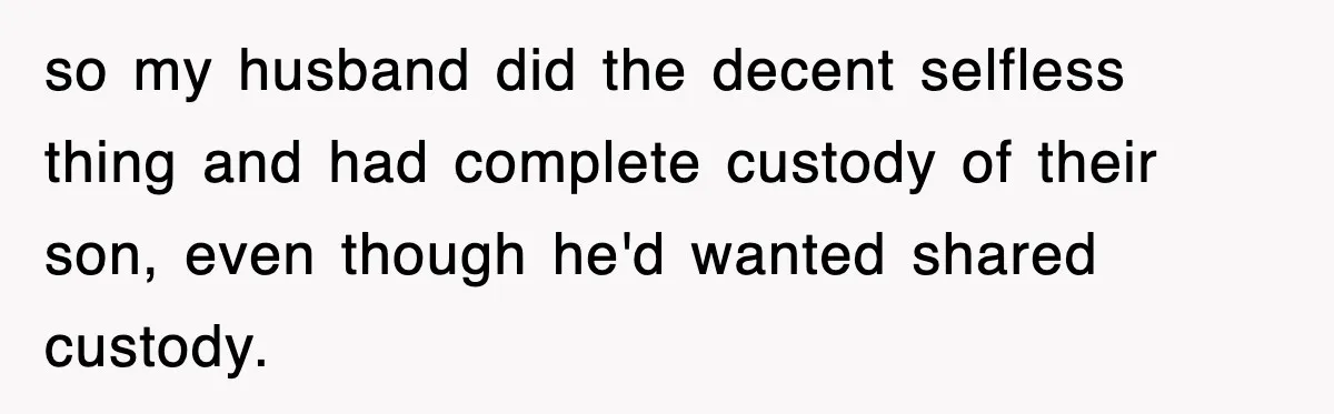 Stepmom Refuses To Take Her Husband’s Son On Vacation, Then Learns A Hard Truth so my husband did the decent selfless thing and had complete custody of their son, even though he'd wanted shared custody.