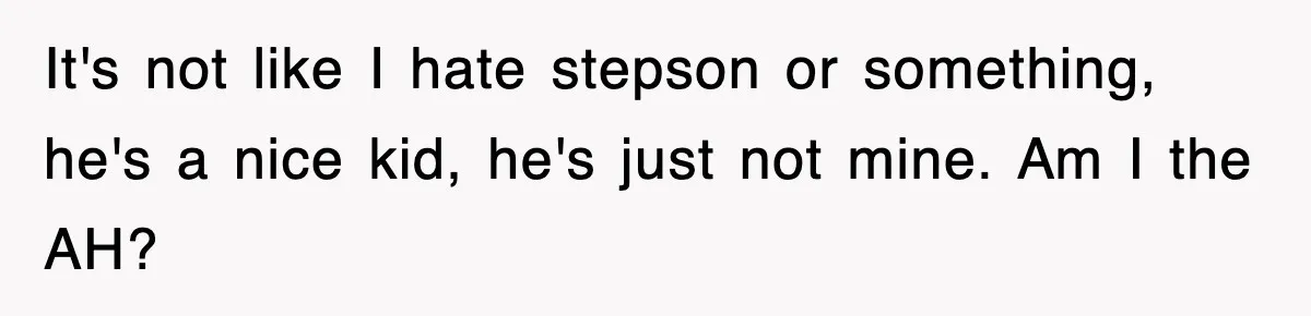 Stepmom Refuses To Take Her Husband’s Son On Vacation, Then Learns A Hard Truth It's not like I hate stepson or something, he's a nice kid, he's just not mine. Am I the AH?