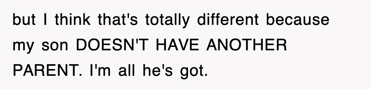 Stepmom Refuses To Take Her Husband’s Son On Vacation, Then Learns A Hard Truth but I think that's totally different because my son DOESN'T HAVE ANOTHER PARENT. I'm all he's got.