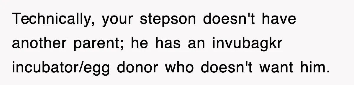 Stepmom Refuses To Take Her Husband’s Son On Vacation, Then Learns A Hard Truth Technically, your stepson doesn't have another parent; he has an invubagkr incubator/egg donor who doesn't want him.