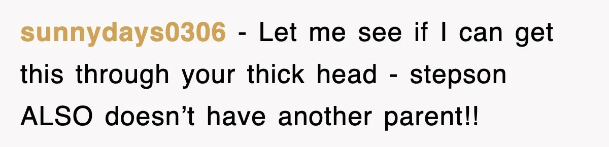 Stepmom Refuses To Take Her Husband’s Son On Vacation, Then Learns A Hard Truth sunnydays0306 − Let me see if I can get this through your thick head - stepson ALSO doesn’t have another parent!!