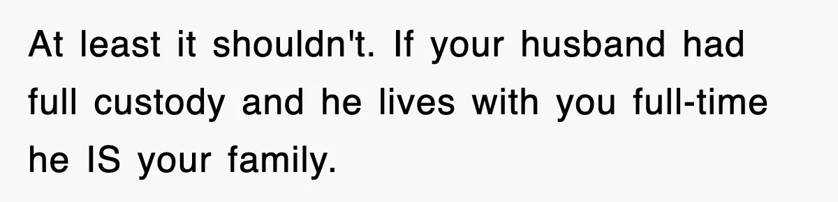 Stepmom Refuses To Take Her Husband’s Son On Vacation, Then Learns A Hard Truth At least it shouldn't. If your husband had full custody and he lives with you full-time he IS your family.