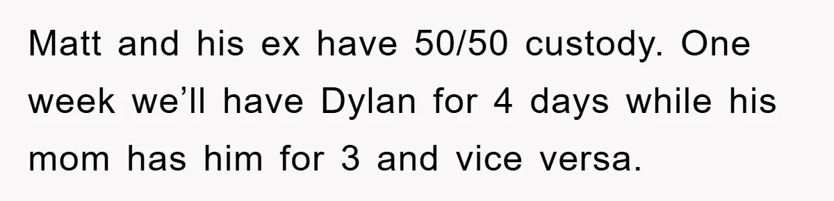 Matt and his ex have 50/50 custody. One week we’ll have Dylan for 4 days while his mom has him for 3 and vice versa.