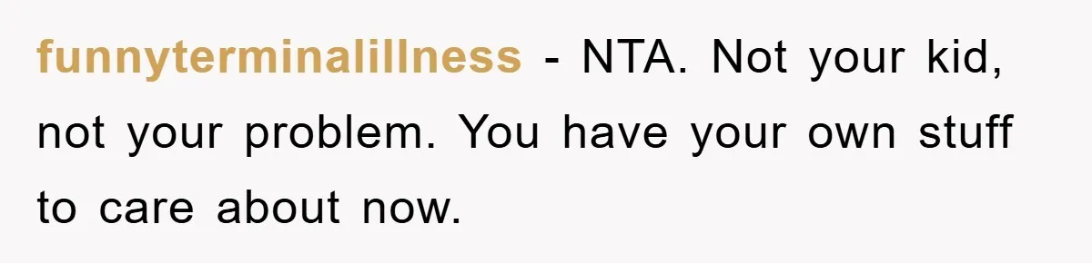 funnyterminalillness - NTA. Not your kid, not your problem. You have your own stuff to care about now.