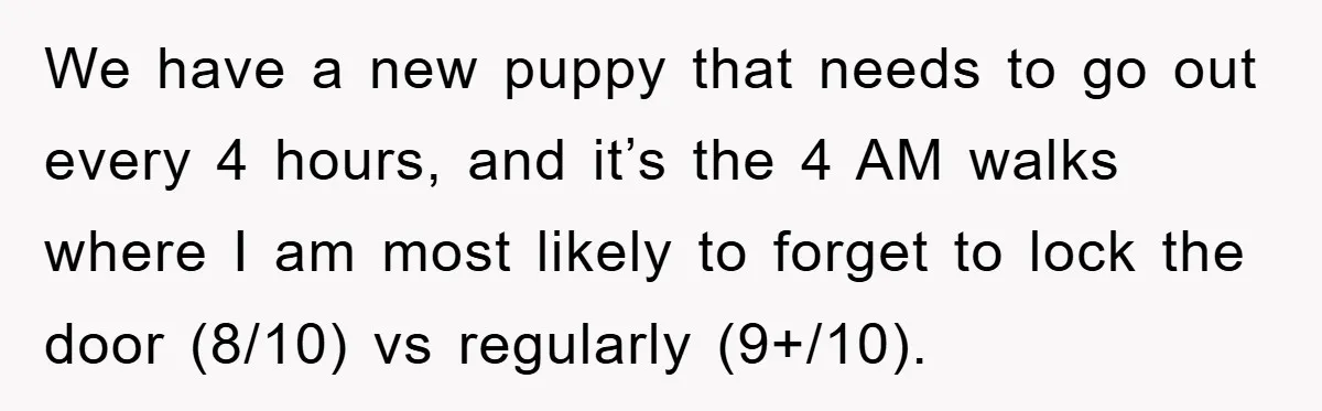 We have a new puppy that needs to go out every 4 hours, and it’s the 4 AM walks where I am most likely to forget to lock the door...