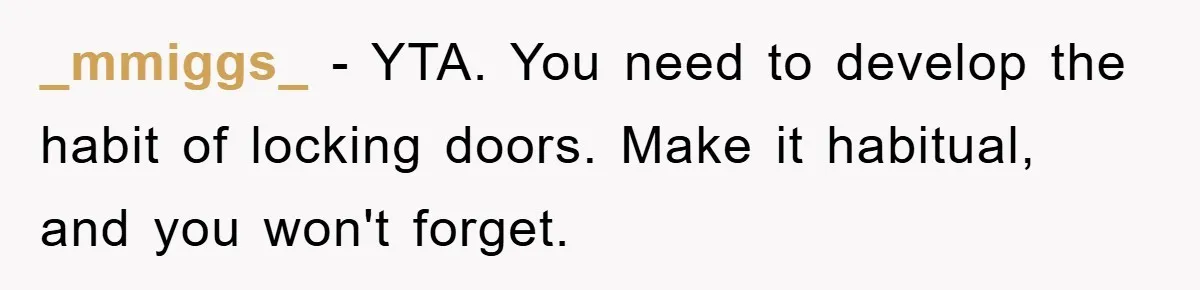 _mmiggs_ − YTA. You need to develop the habit of locking doors. Make it habitual, and you won't forget.