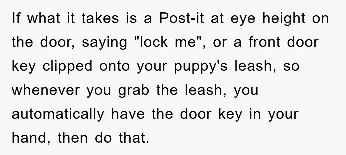 If what it takes is a Post-it at eye height on the door, saying "lock me", or a front door key clipped onto your puppy's leash, so whenever you grab...