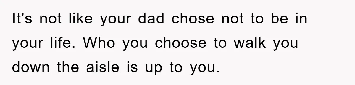 It's not like your dad chose not to be in your life. Who you choose to walk you down the aisle is up to you.