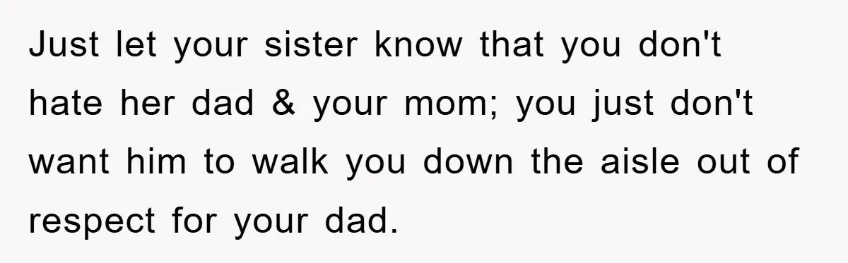 Just let your sister know that you don't hate her dad & your mom; you just don't want him to walk you down the aisle out of respect for your...