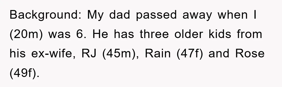 Background: My dad passed away when I (20m) was 6. He has three older kids from his ex-wife, RJ (45m), Rain (47f) and Rose (49f).