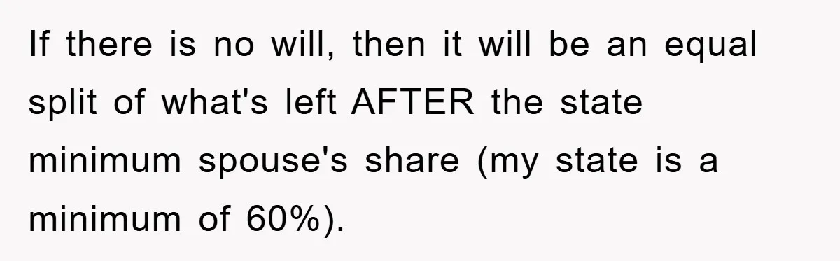 If there is no will, then it will be an equal split of what's left AFTER the state minimum spouse's share (my state is a minimum of 60%).
