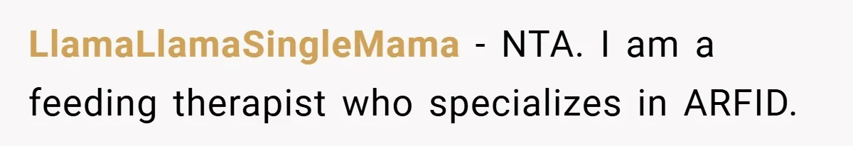 LlamaLlamaSingleMama − NTA. I am a feeding therapist who specializes in ARFID.