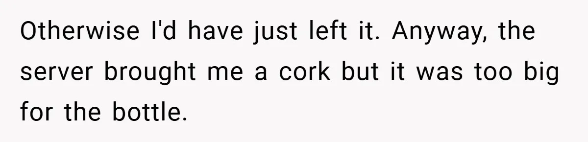 Otherwise I'd have just left it. Anyway, the server brought me a cork but it was too big for the bottle.