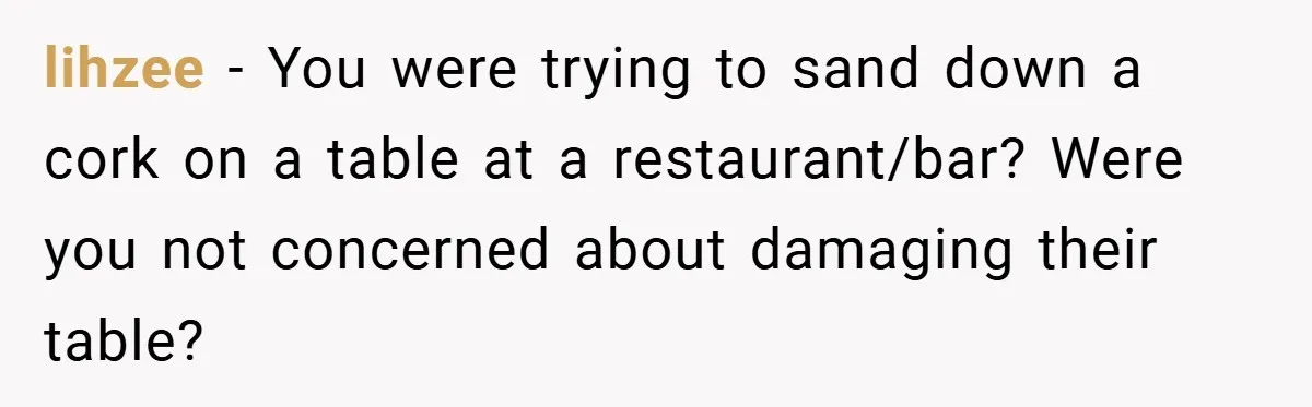 lihzee − You were trying to sand down a cork on a table at a restaurant/bar? Were you not concerned about damaging their table?