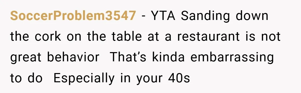 SoccerProblem3547 − YTA Sanding down the cork on the table at a restaurant is not great behavior  That’s kinda embarrassing to do  Especially in your 40s