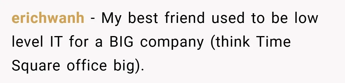 erichwanh − My best friend used to be low level IT for a BIG company (think Time Square office big).