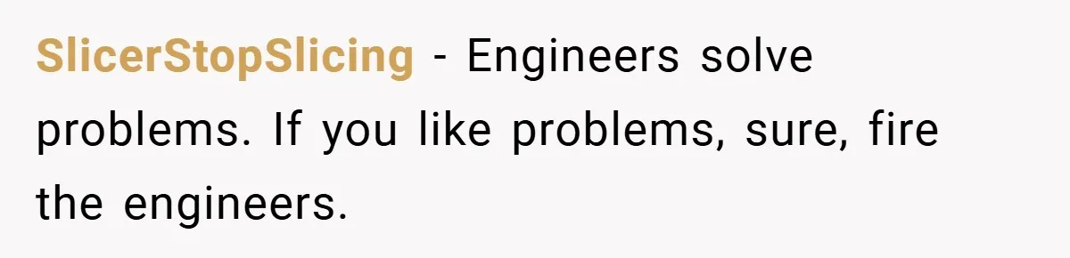 SlicerStopSlicing − Engineers solve problems. If you like problems, sure, fire the engineers.