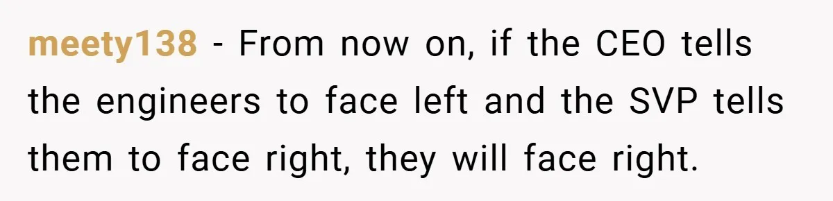 meety138 − From now on, if the CEO tells the engineers to face left and the SVP tells them to face right, they will face right.