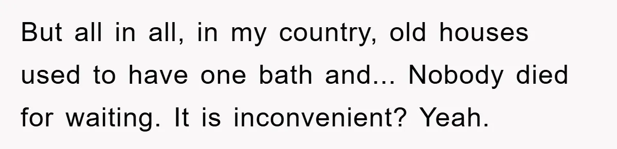 But all in all, in my country, old houses used to have one bath and... Nobody died for waiting. It is inconvenient? Yeah.