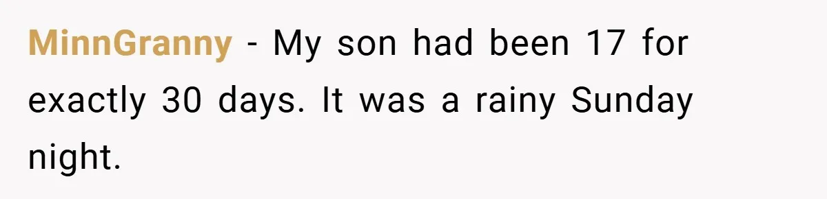 MinnGranny − My son had been 17 for exactly 30 days. It was a rainy Sunday night.
