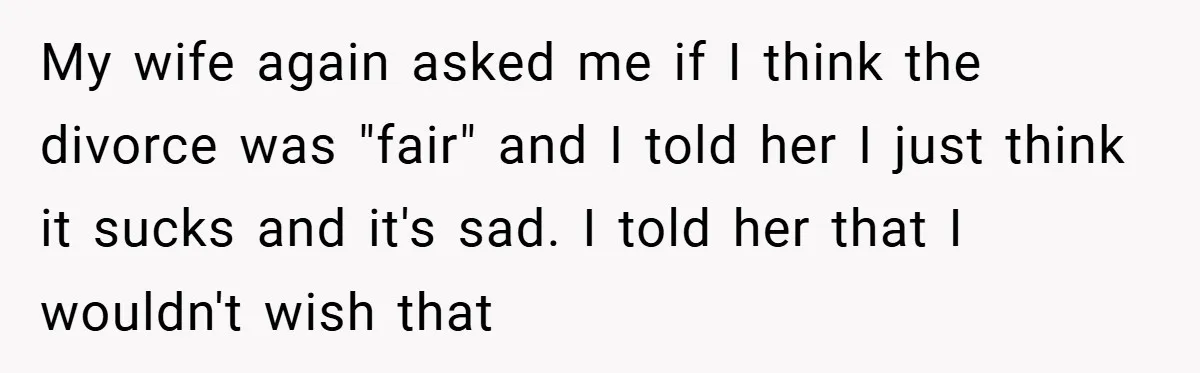 My wife again asked me if I think the divorce was "fair" and I told her I just think it sucks and it's sad. I told her that I wouldn't...