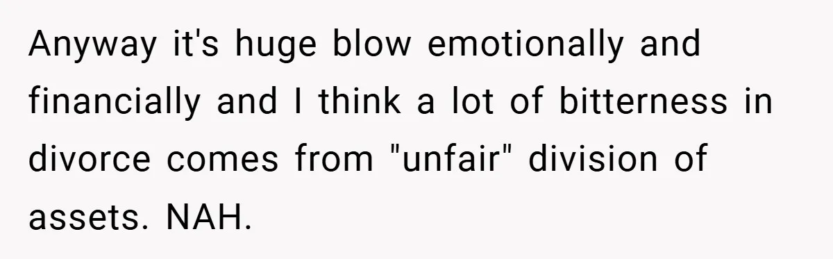 Anyway it's huge blow emotionally and financially and I think a lot of bitterness in divorce comes from "unfair" division of assets. NAH.