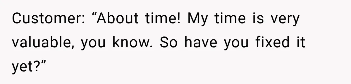 Customer: “About time! My time is very valuable, you know. So have you fixed it yet?”