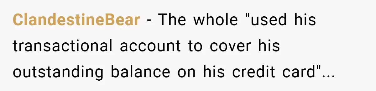 ClandestineBear − The whole "used his transactional account to cover his outstanding balance on his credit card"...