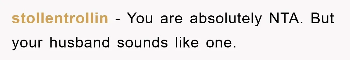 stollentrollin − You are absolutely NTA. But your husband sounds like one.