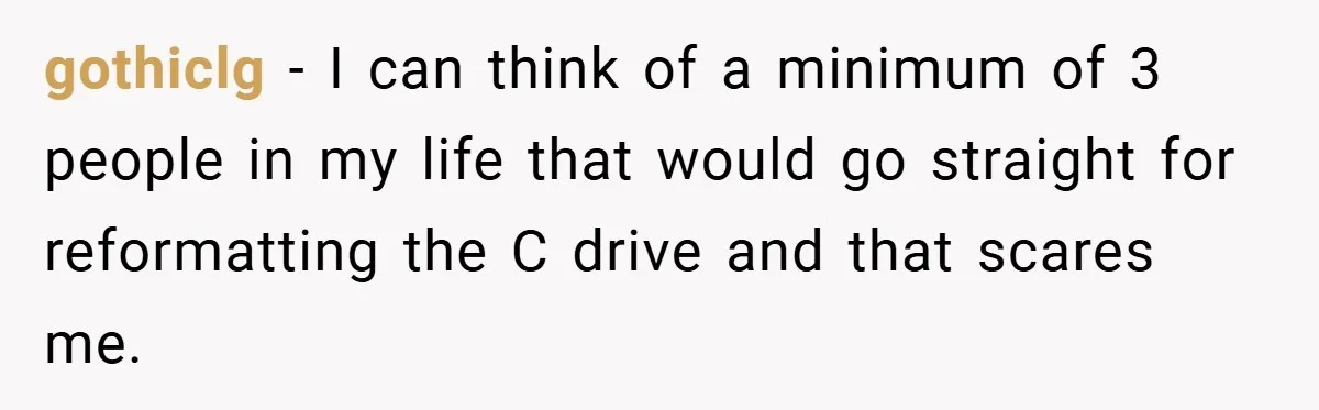 gothiclg − I can think of a minimum of 3 people in my life that would go straight for reformatting the C drive and that scares me.