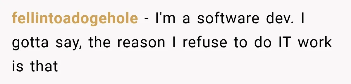 fellintoadogehole − I'm a software dev. I gotta say, the reason I refuse to do IT work is that