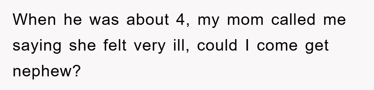 When he was about 4, my mom called me saying she felt very ill, could I come get nephew?