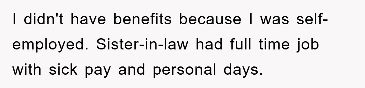 I didn't have benefits because I was self-employed. Sister-in-law had full time job with sick pay and personal days.