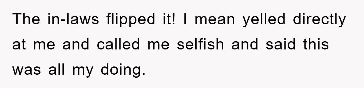 The in-laws flipped it! I mean yelled directly at me and called me selfish and said this was all my doing.