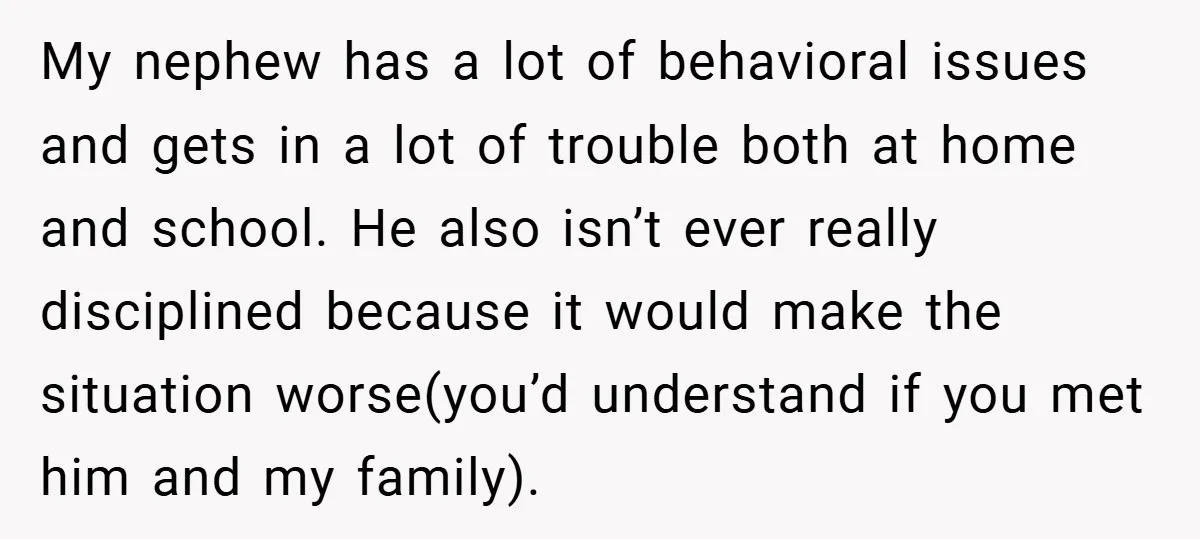 My nephew has a lot of behavioral issues and gets in a lot of trouble both at home and school. He also isn’t ever really disciplined because it would make...