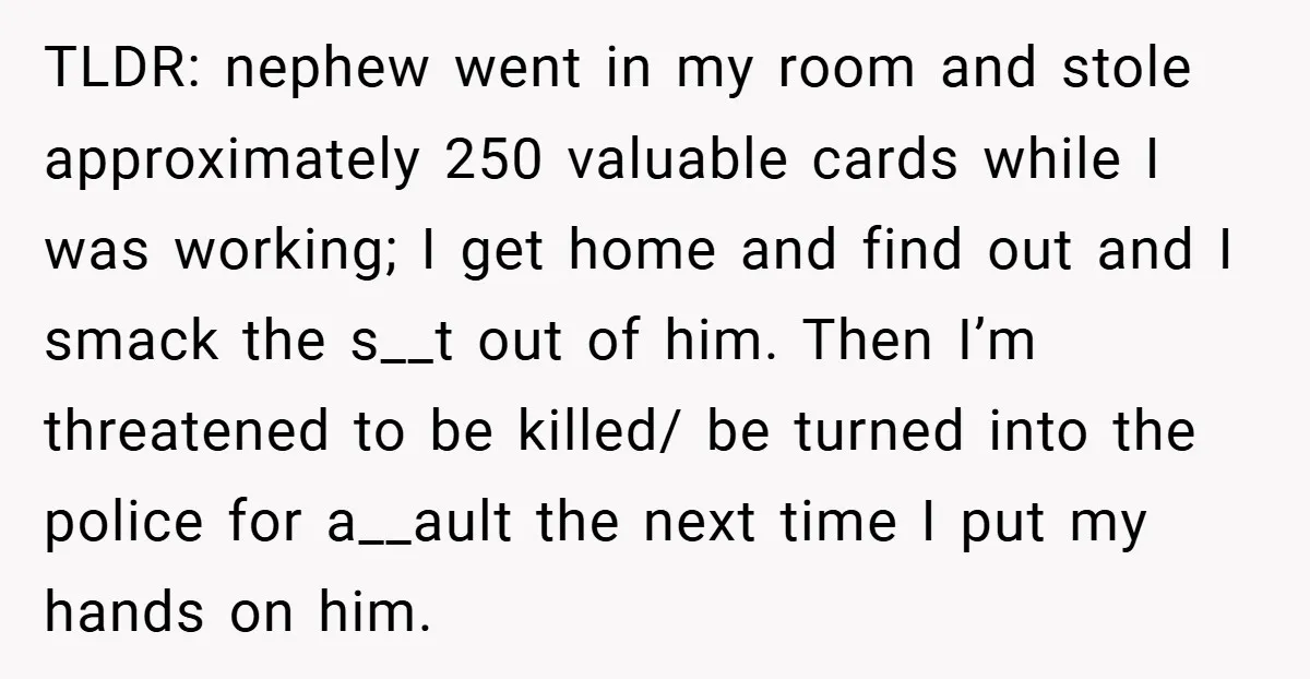 TLDR: nephew went in my room and stole approximately 250 valuable cards while I was working; I get home and find out and I smack the s__t out of him....