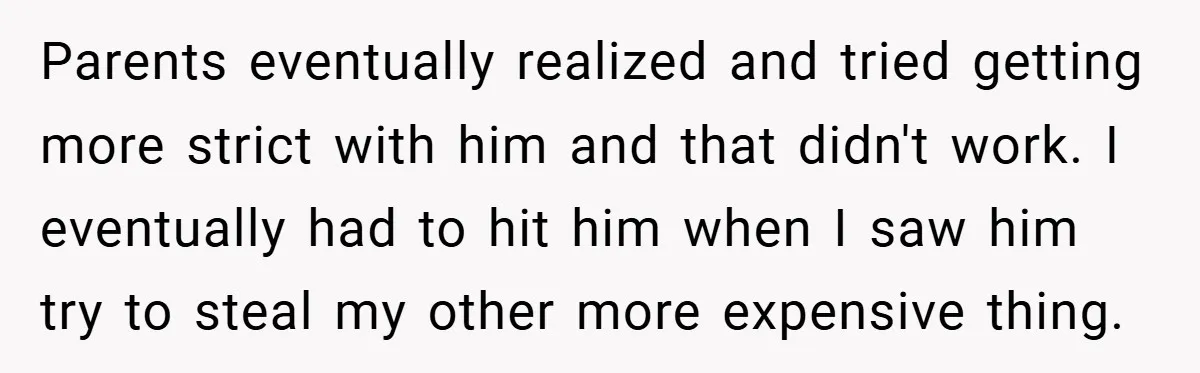 Parents eventually realized and tried getting more strict with him and that didn't work. I eventually had to hit him when I saw him try to steal my other more...