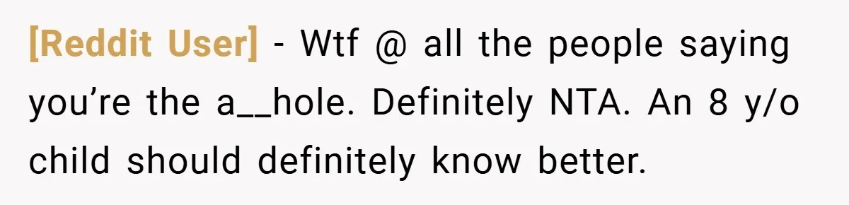 [Reddit User] − Wtf @ all the people saying you’re the a__hole. Definitely NTA. An 8 y/o child should definitely know better.