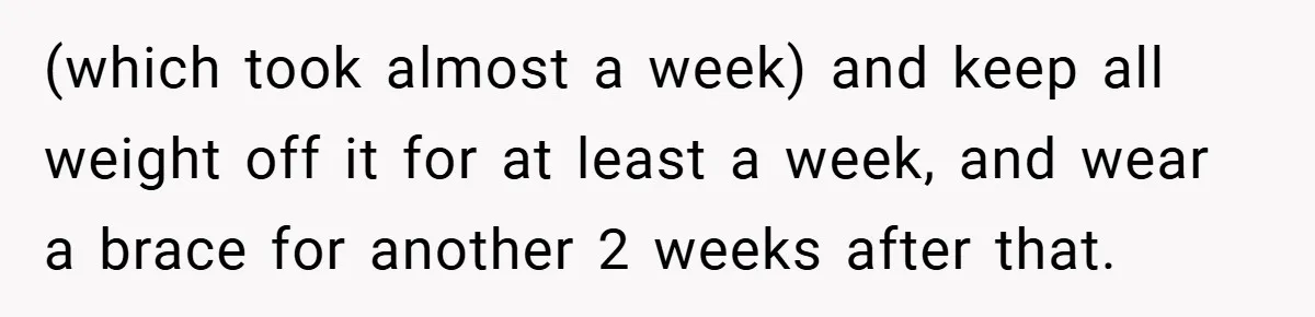 (which took almost a week) and keep all weight off it for at least a week, and wear a brace for another 2 weeks after that.