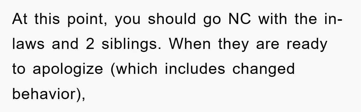 At this point, you should go NC with the in-laws and 2 siblings. When they are ready to apologize (which includes changed behavior),