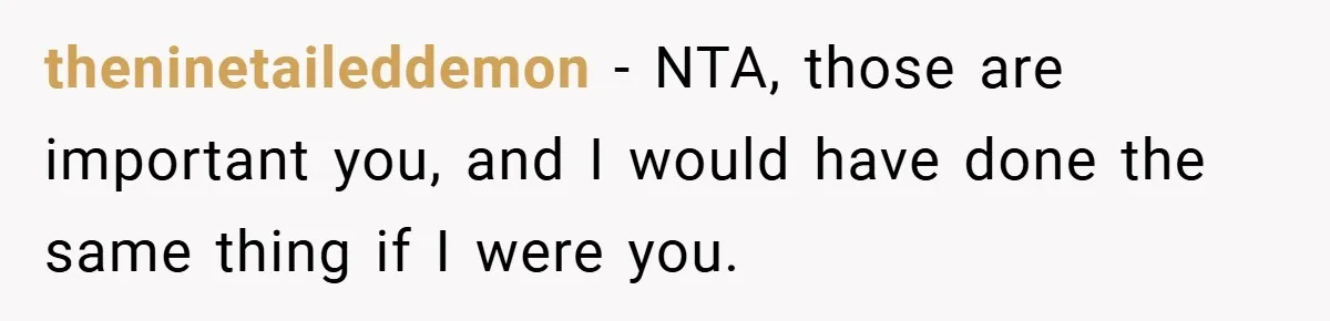 theninetaileddemon − NTA, those are important you, and I would have done the same thing if I were you.