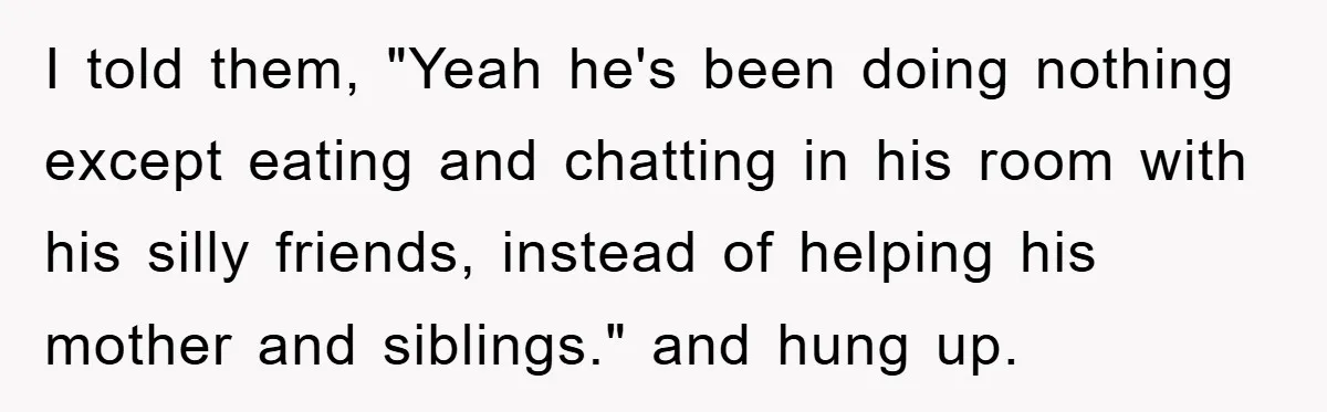 I told them, "Yeah he's been doing nothing except eating and chatting in his room with his silly friends, instead of helping his mother and siblings." and hung up.