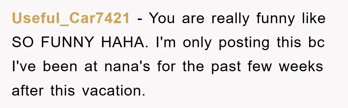 Useful_Car7421 − You are really funny like SO FUNNY HAHA. I'm only posting this bc I've been at nana's for the past few weeks after this vacation.