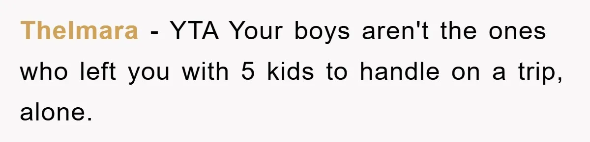 Thelmara − YTA Your boys aren't the ones who left you with 5 kids to handle on a trip, alone.