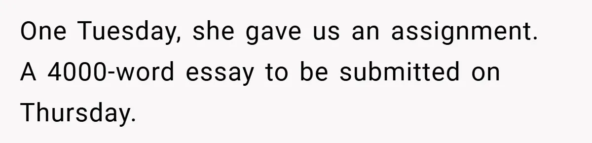 One Tuesday, she gave us an assignment. A 4000-word essay to be submitted on Thursday.