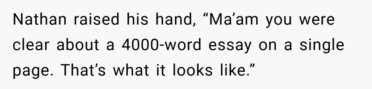 Nathan raised his hand, “Ma’am you were clear about a 4000-word essay on a single page. That’s what it looks like.”