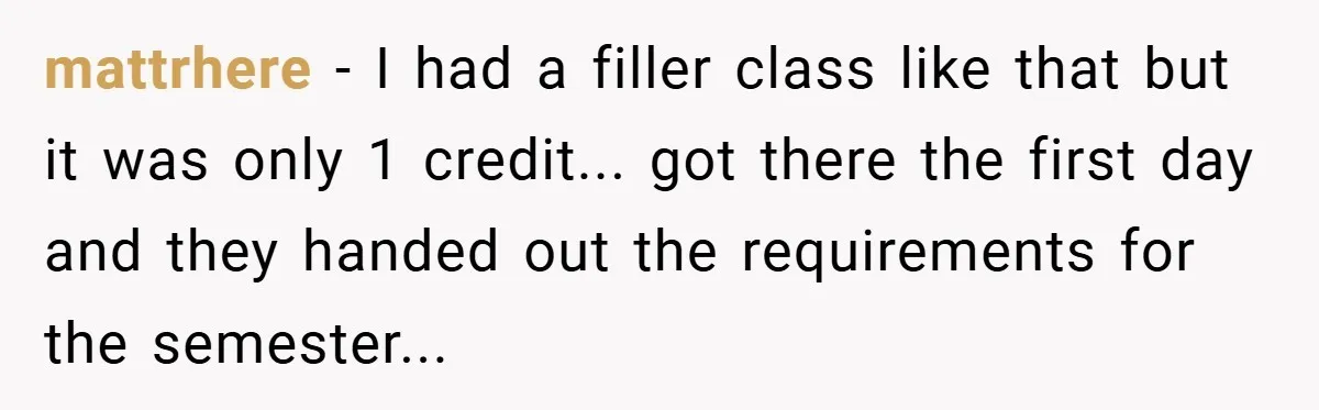 mattrhere − I had a filler class like that but it was only 1 credit... got there the first day and they handed out the requirements for the semester...