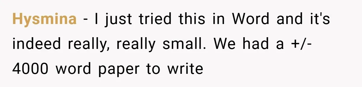 Hysmina − I just tried this in Word and it's indeed really, really small. We had a +/- 4000 word paper to write